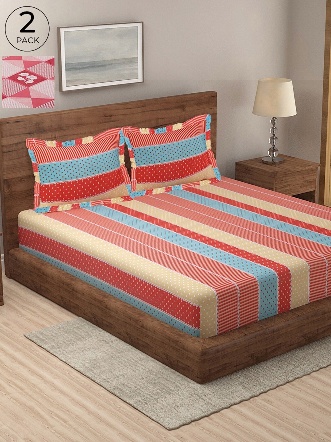 KLOTTHE Striped 300 TC Pure Cotton 2 Double Bedsheet with 4 Frilled Pillow Covers, Red
KLOTTHE Striped 300 TC Pure Cotton 2 Double Bedsheet with 4 Frilled Pillow Covers, Red