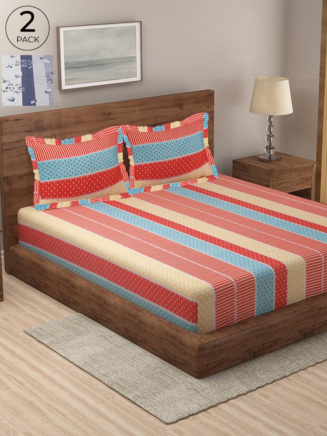 KLOTTHE Striped 300 TC Pure Cotton 2 Double Bedsheet with 4 Frilled Pillow Covers, Red
KLOTTHE Striped 300 TC Pure Cotton 2 Double Bedsheet with 4 Frilled Pillow Covers, Red