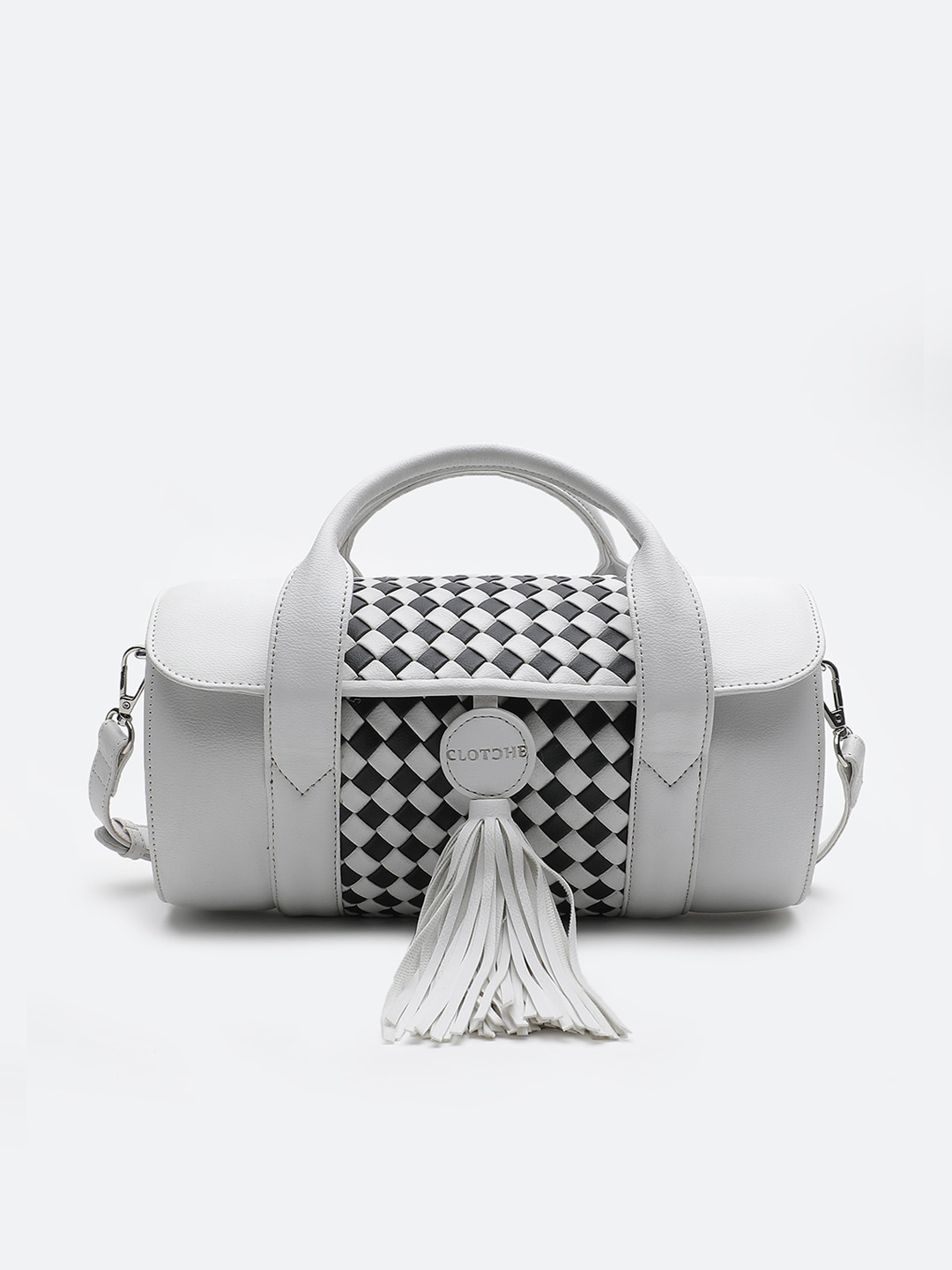 Clotche White PU Oversized Bowling Handheld Bag with Tasselled