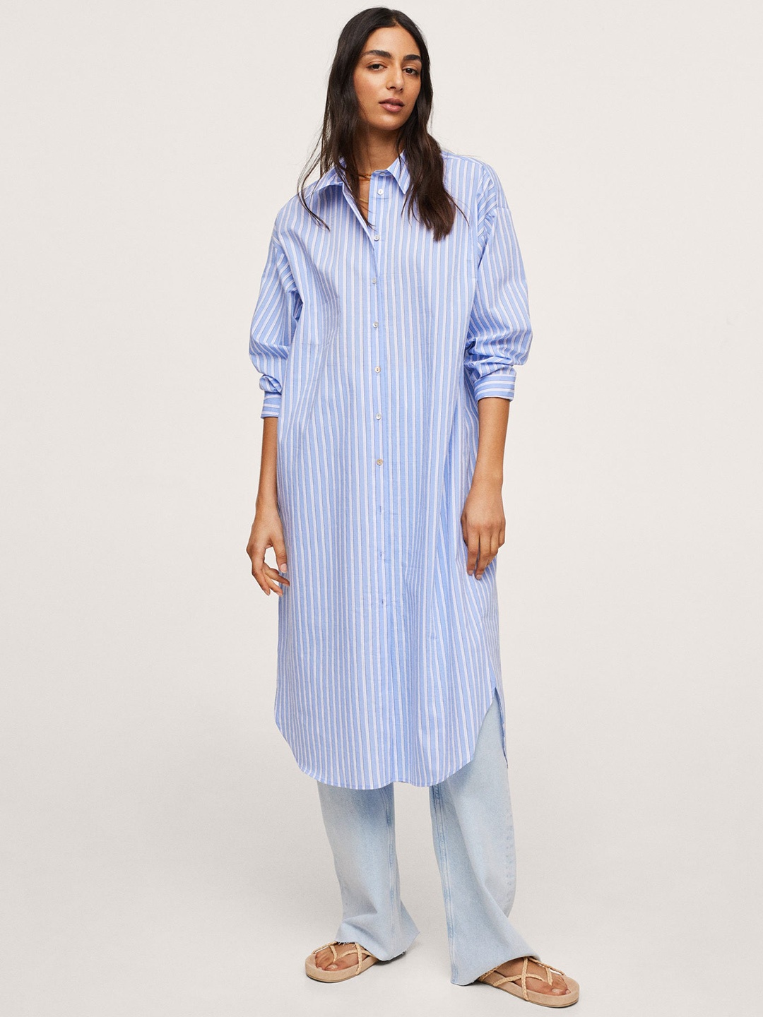 MANGO Blue & White Striped Shirt Midi Dress