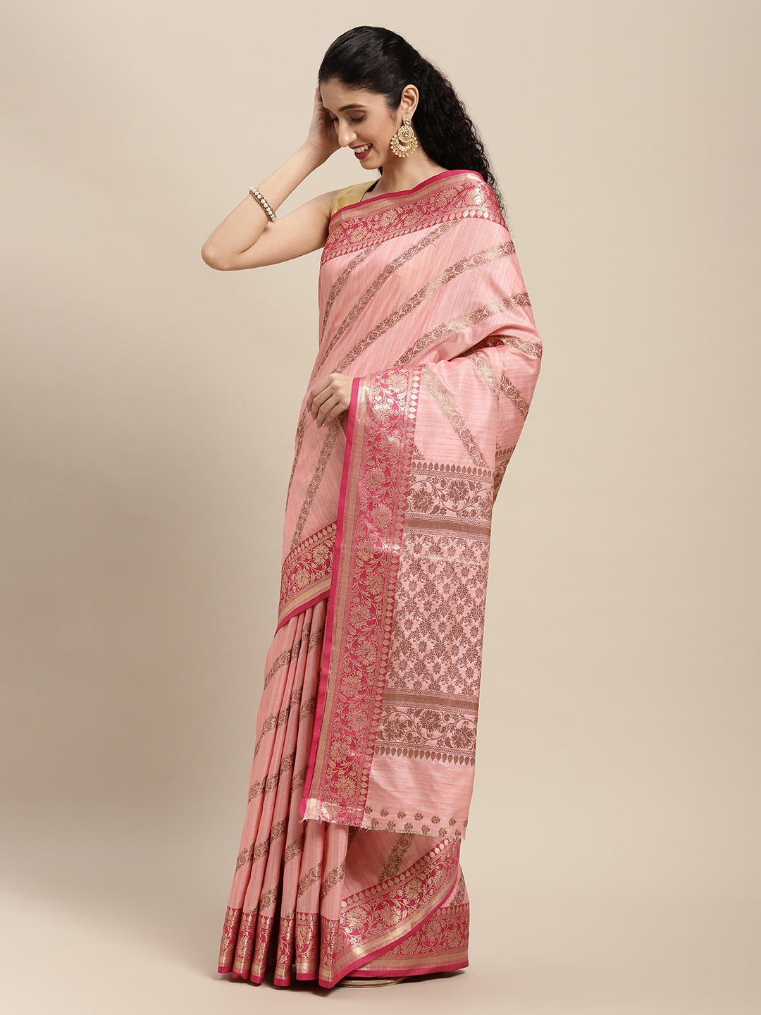 SANGAM PRINTS Pink Floral Striped Pure Silk Saree