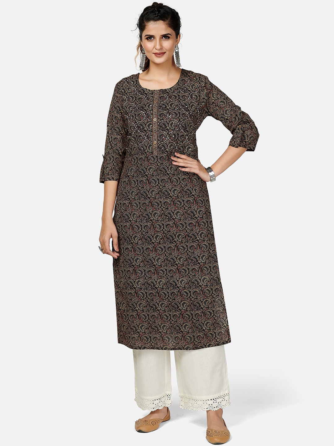 Vbuyz Women Black Printed Hand Work Kurta