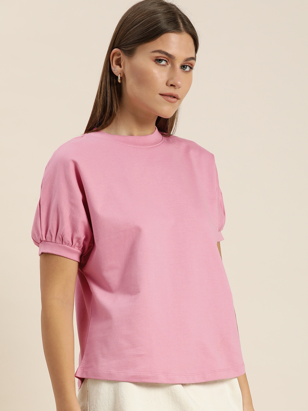 ether Women Pink Solid Round Neck CasualT-shirt