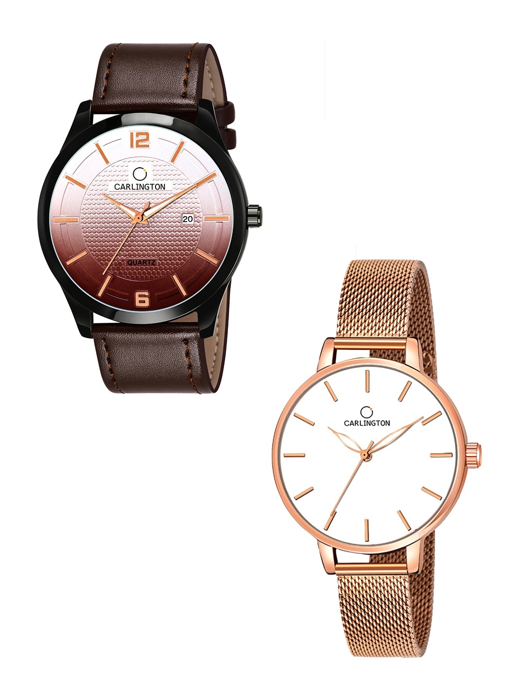 CARLINGTON Unisex Brown & Rose-Gold Set Of His & Her Analogue Watch Set