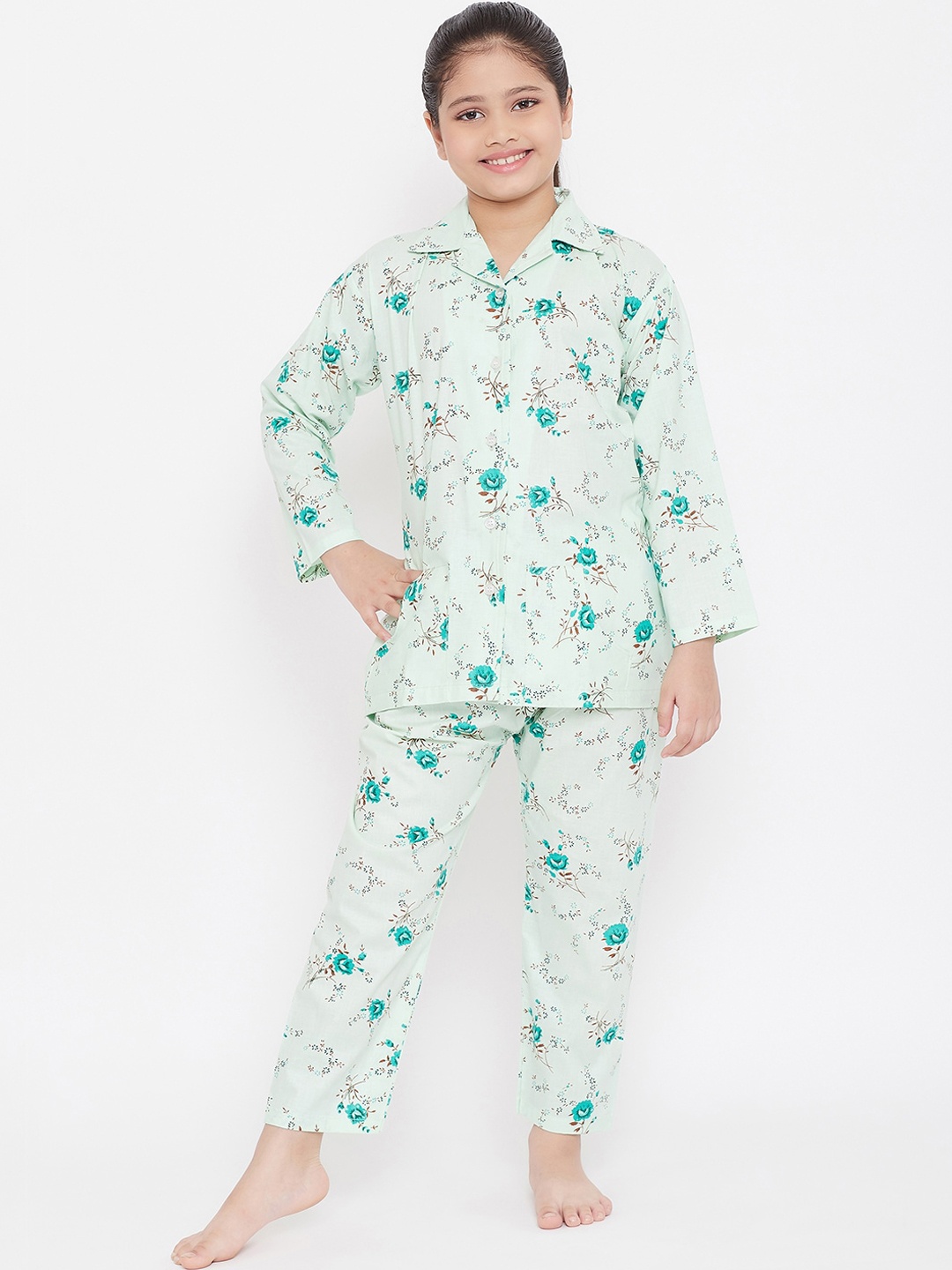 KYDZI Girls Green & Brown Printed Night suit