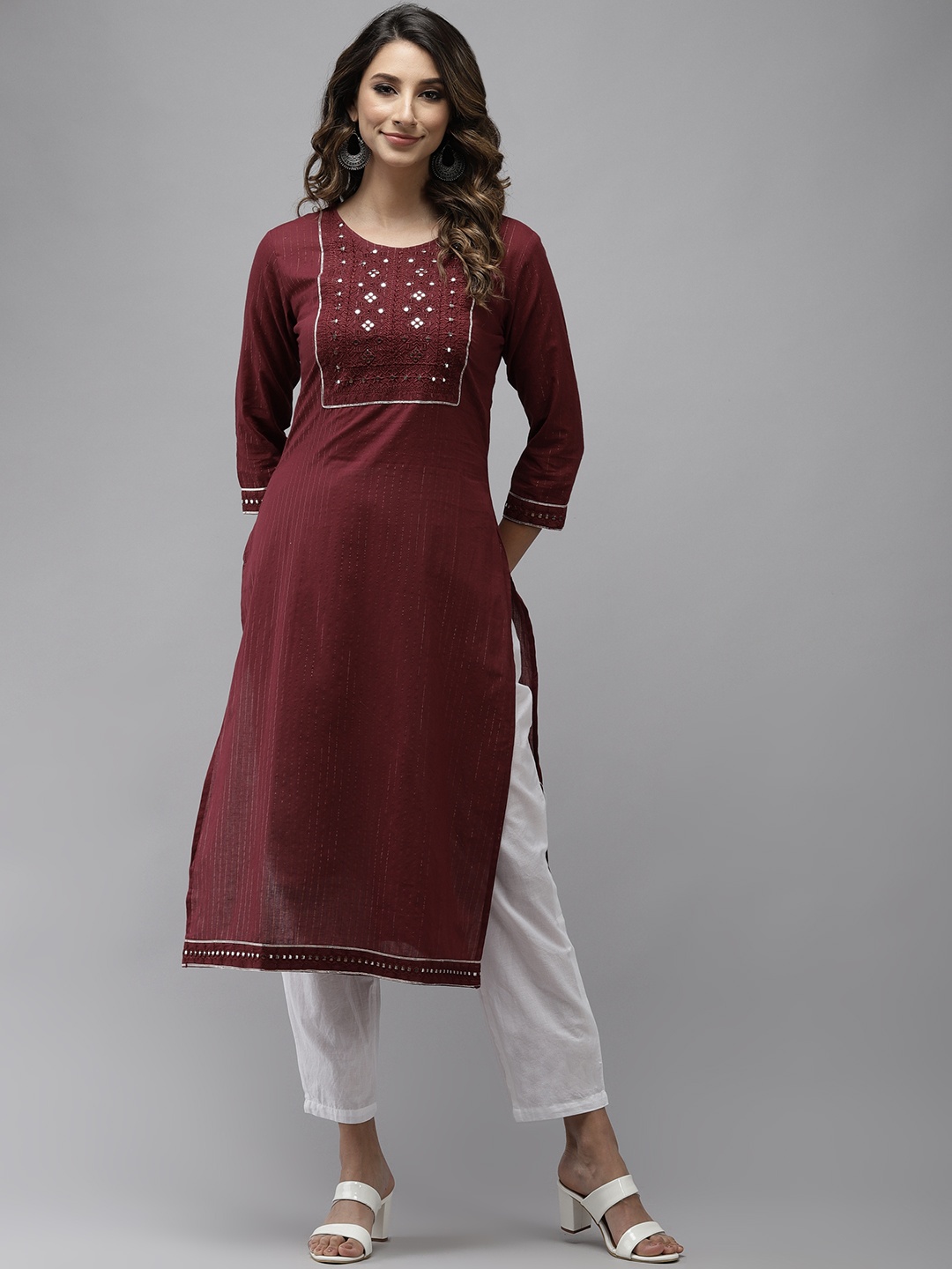 Yufta Women Maroon Yoke Design Mirror Work Cotton Kurta