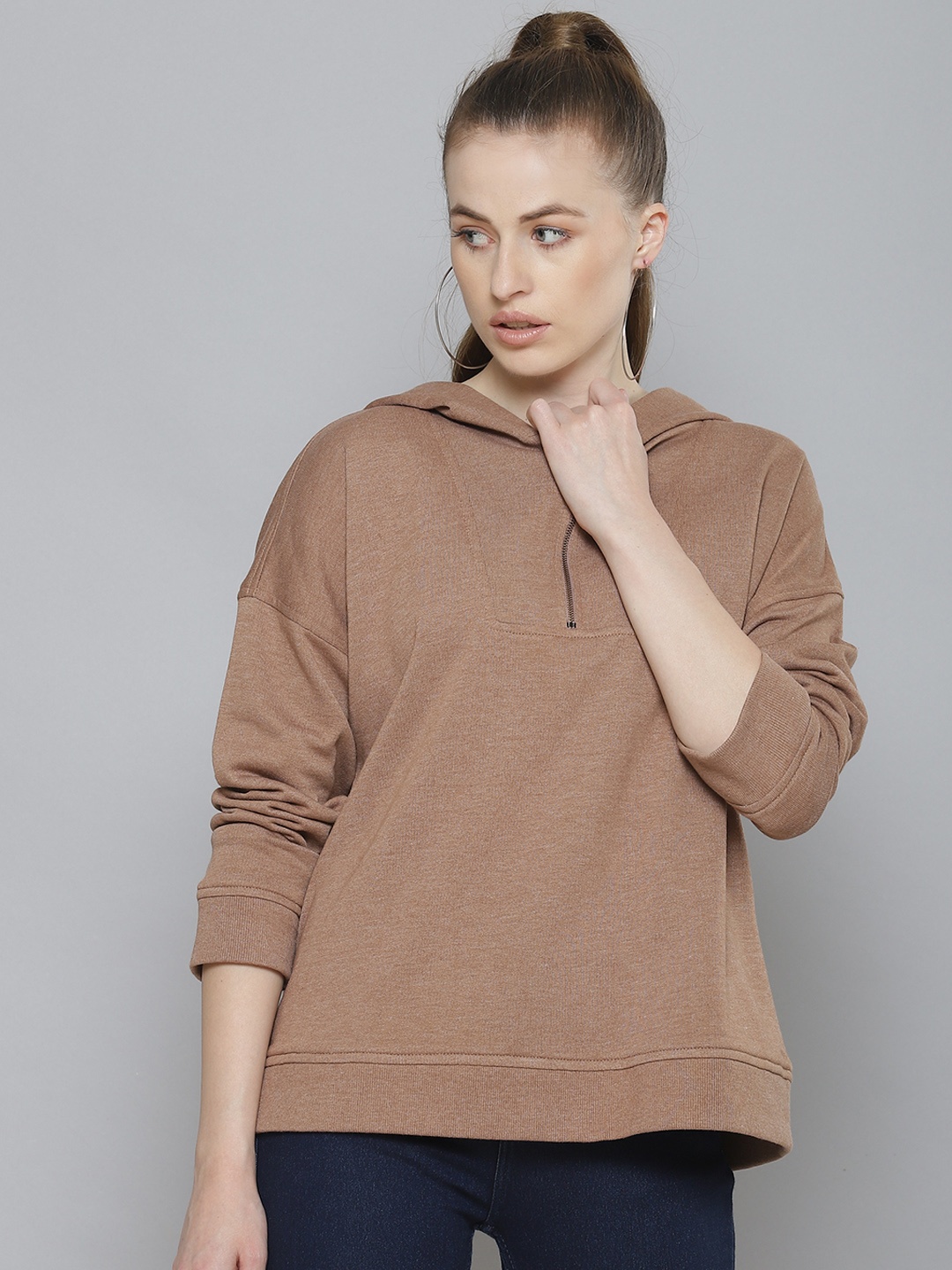 Femella Women Brown Oversized Fleece Hooded Sweatshirt