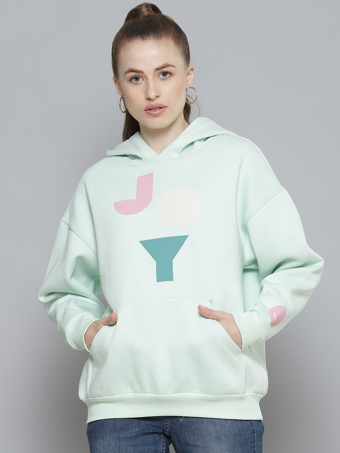 Femella Women Green Oversized Fleece Printed Hooded Sweatshirt