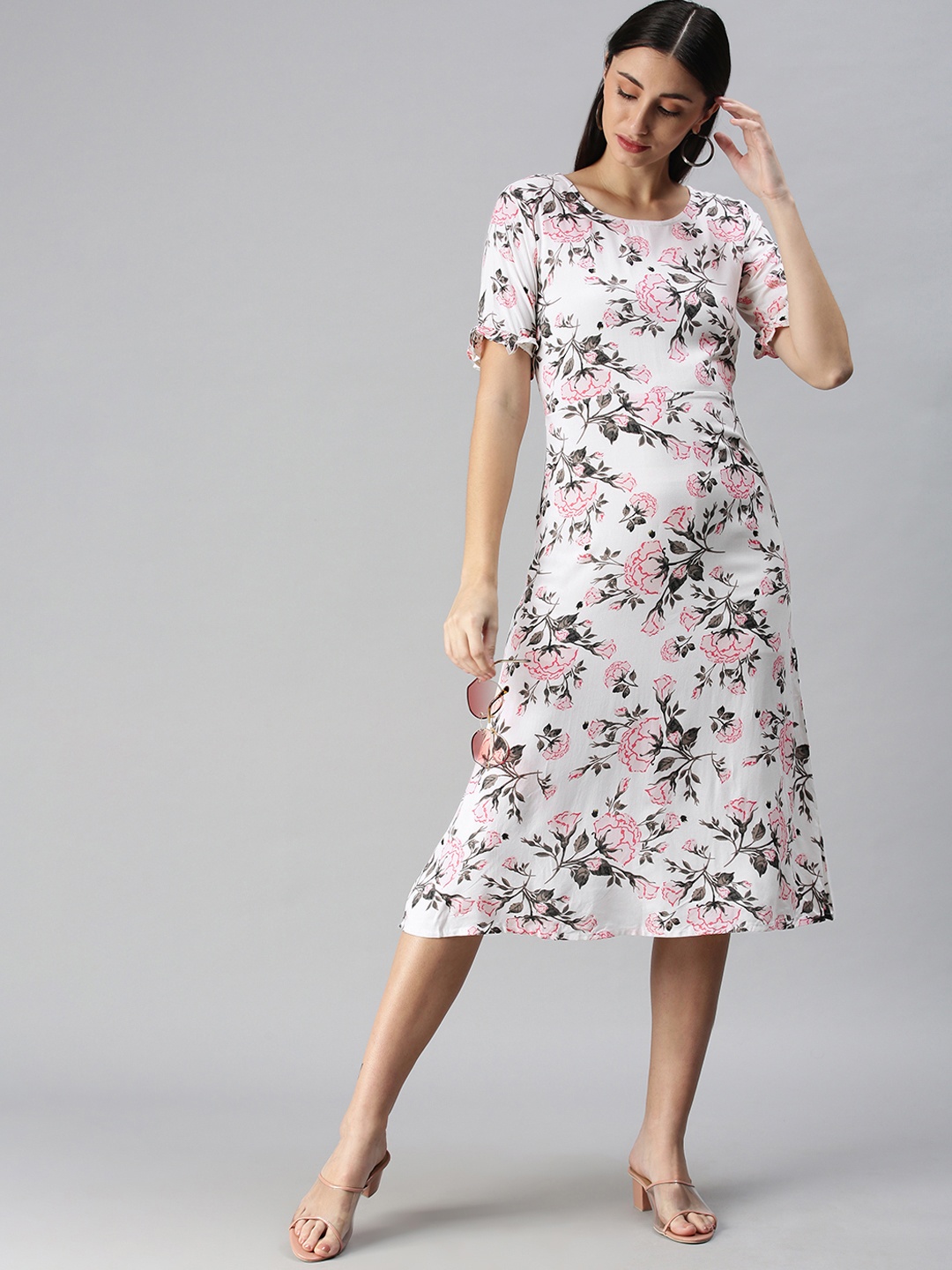 Selvia White Floral Liva A-Line Midi Dress