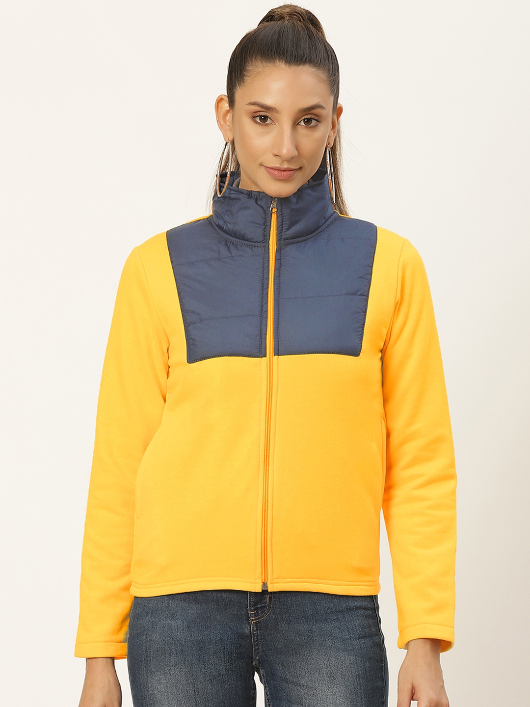 Belle Fille Women Yellow & Navy Blue Colourblocked Fleece Lightweight Tailored Jacket
Belle Fille Women Yellow & Navy Blue Colourblocked Fleece Lightweight Tailored Jacket