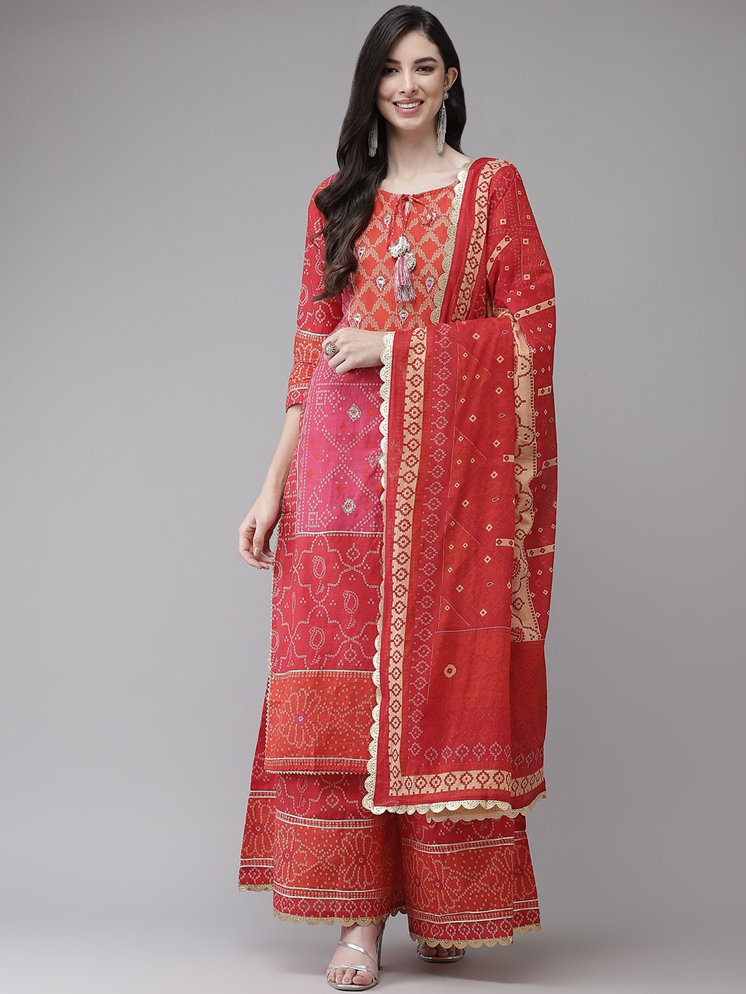 Ishin Women Coral Bandhani Printed Regular Kurta with Palazzos & With Dupatta