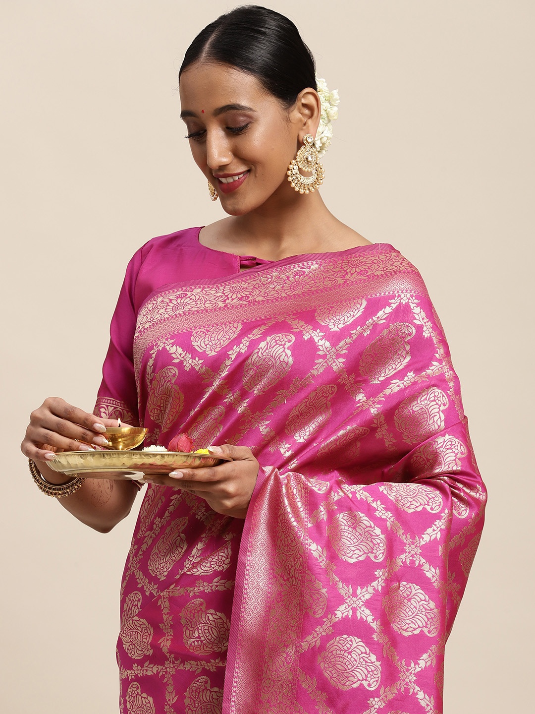 Saree mall Pink Ethnic Motifs Silk Blend Banarasi Sarees