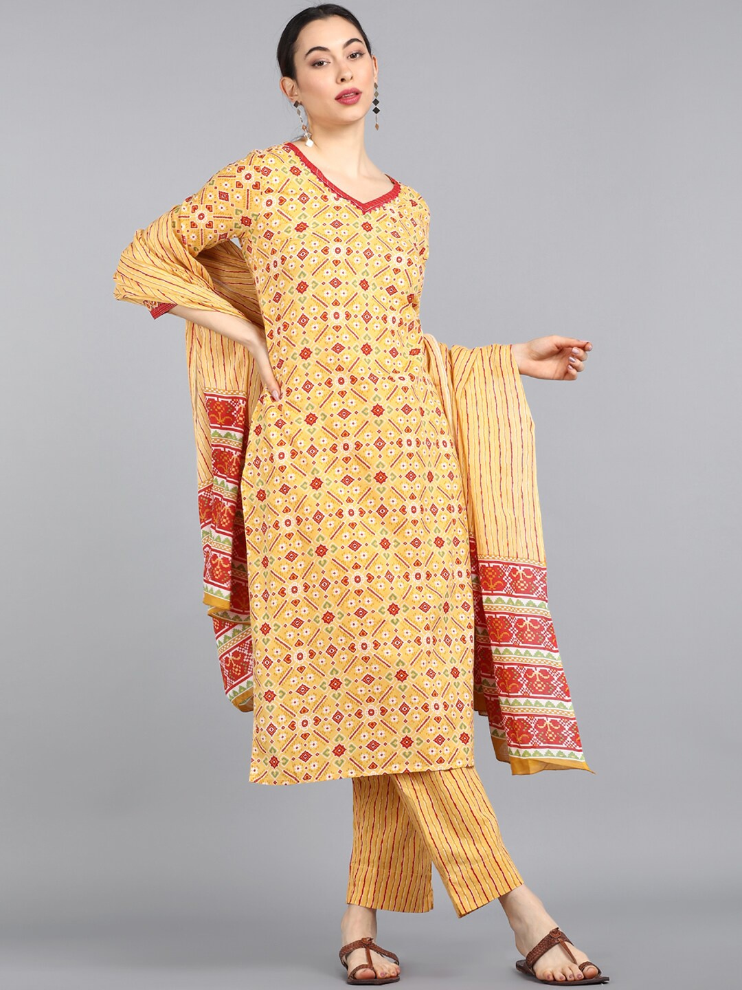 AHIKA Women Yellow & Pink Ethnic Motifs Printed Pure Cotton Kurta With Trousers & Dupatta
AHIKA Women Yellow & Pink Ethnic Motifs Printed Pure Cotton Kurta With Trousers & Dupatta