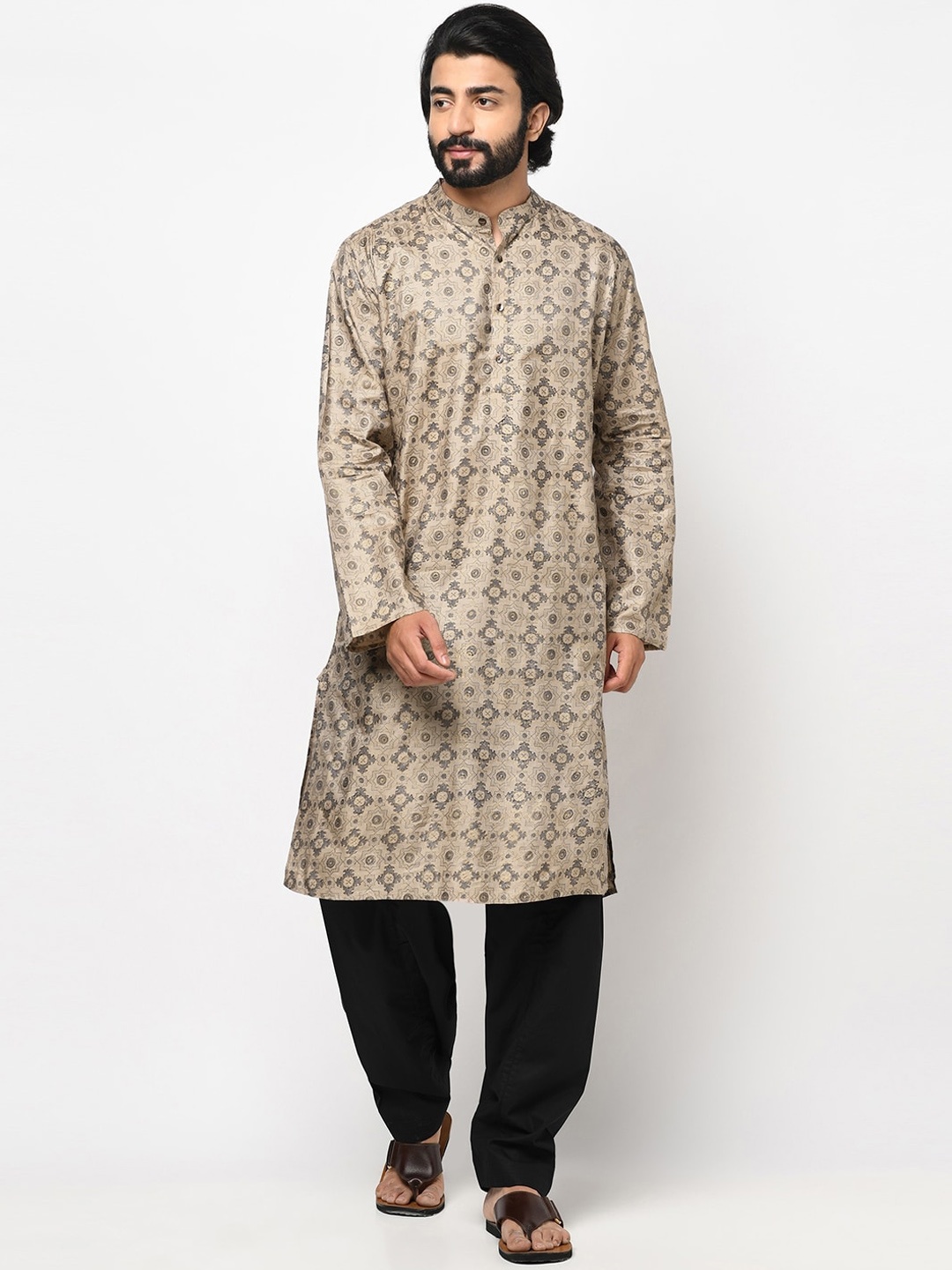 Fabindia Men Beige Geometric Silk Kurta