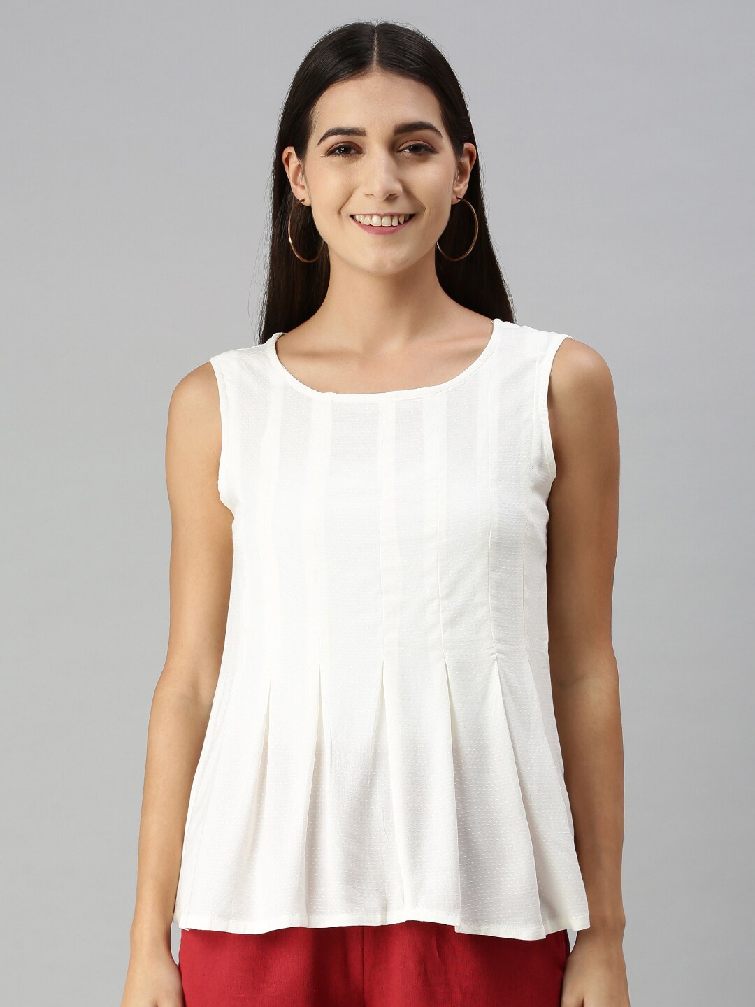 De Moza Off White Solid Pure Cotton A-Line Top