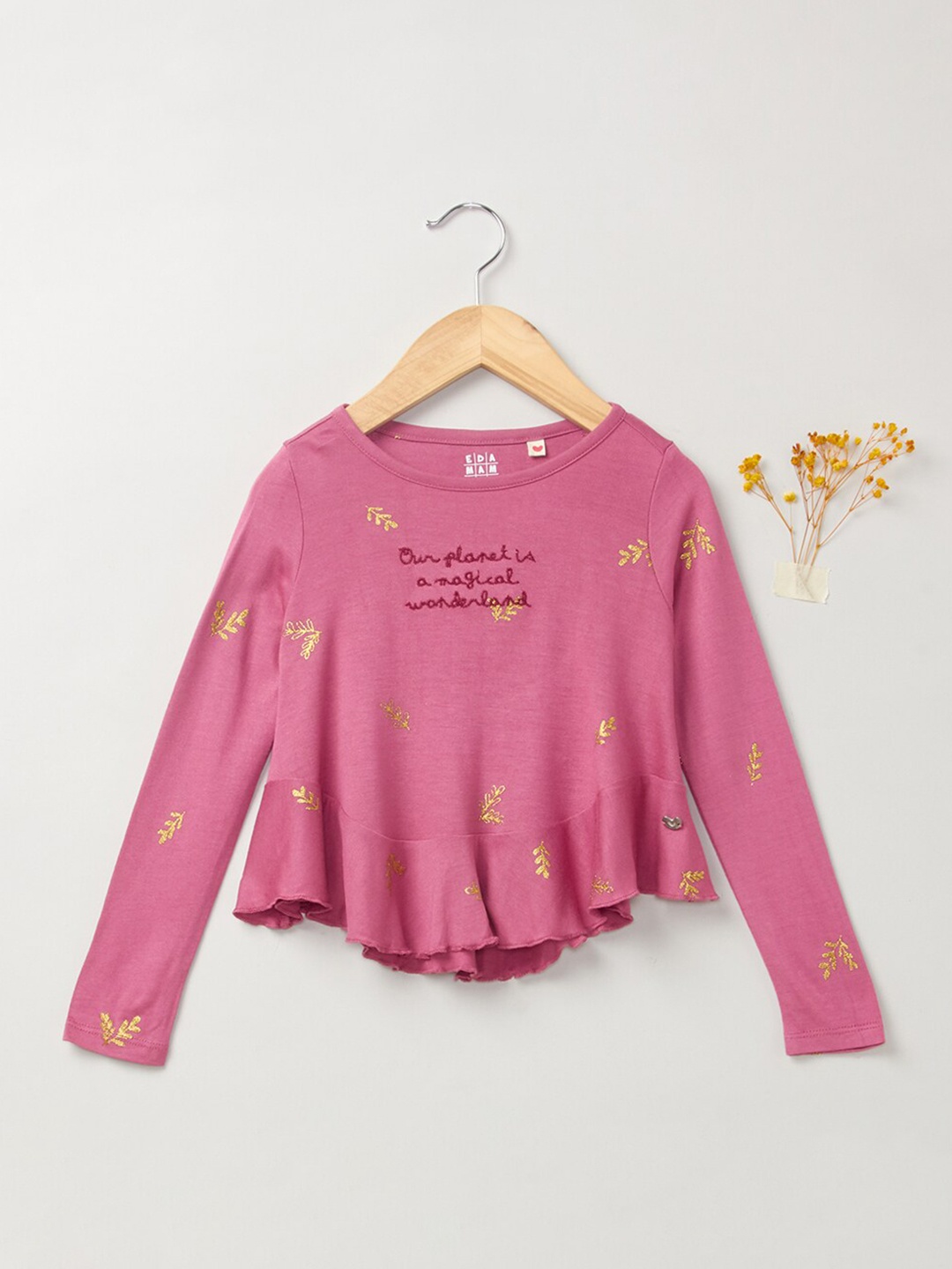 Ed-a-Mamma Girls Pink Typography Striped Extended Sleeves T-shirt