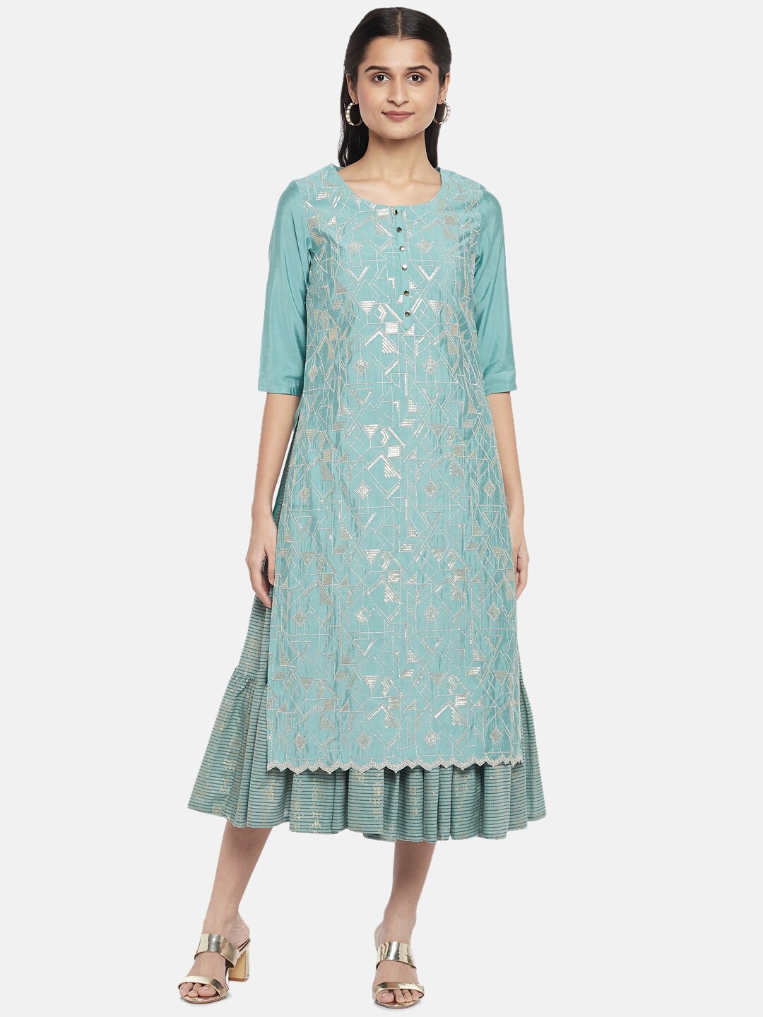 RANGMANCH BY PANTALOONS Blue & Gold-Coloured Embellished Ethnic Layered A-Line Midi Dress
RANGMANCH BY PANTALOONS Blue & Gold-Coloured Embellished Ethnic Layered A-Line Midi Dress