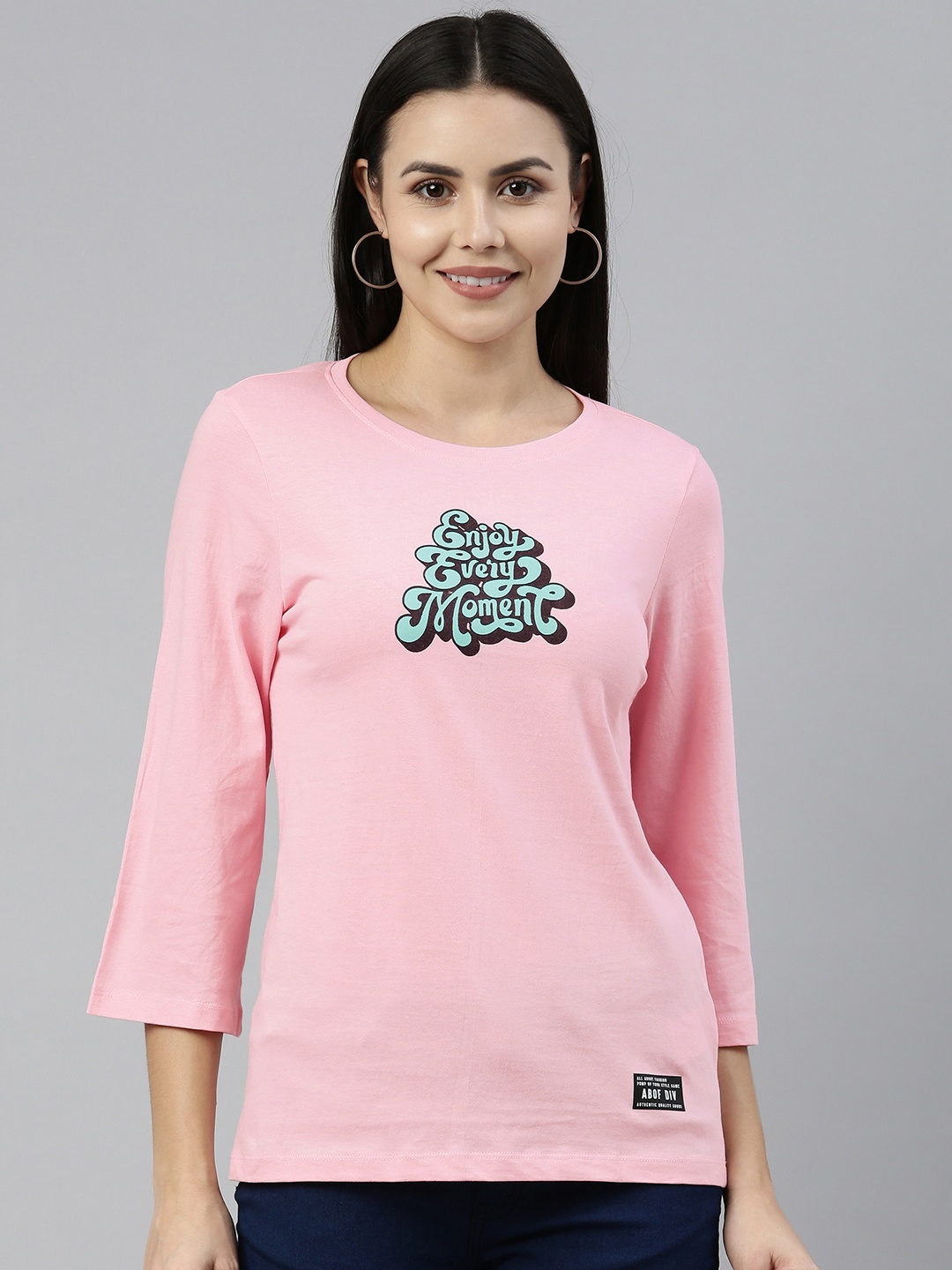 abof Women Light Pink Typography Printed Pure Cotton Casual T-shirt