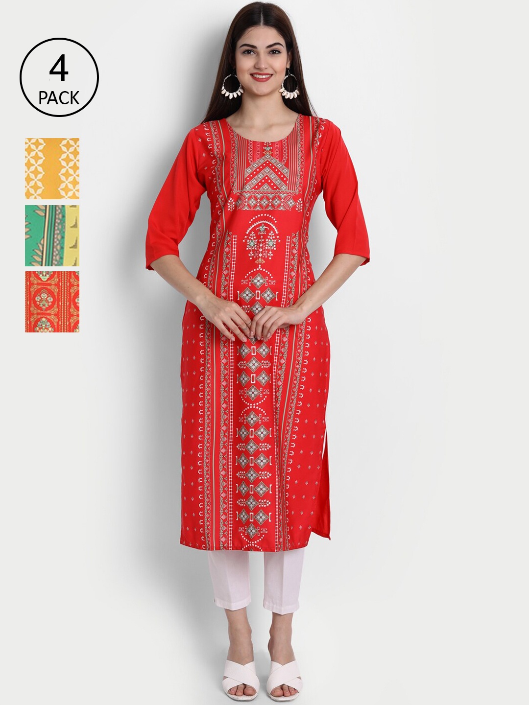 Ethnic basket Women Multicoloured Pack Of 4 Geometric Printed Straight Crepe Kurta, Multi
Ethnic basket Women Multicoloured Pack Of 4 Geometric Printed Straight Crepe Kurta, Multi