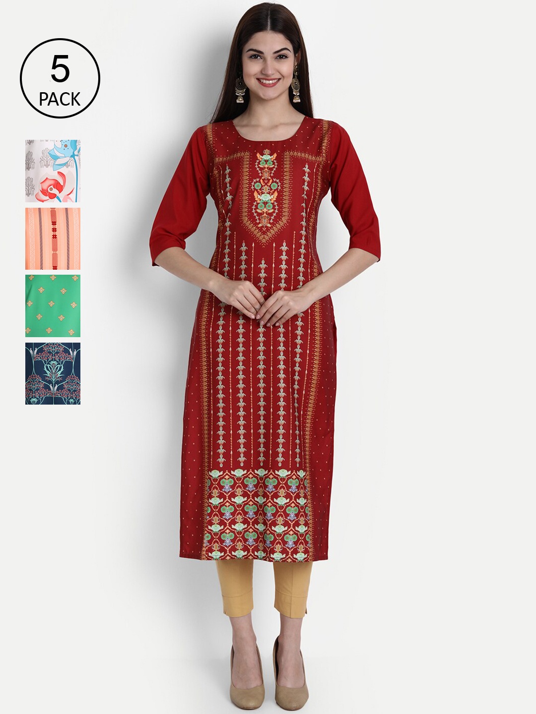 Ethnic basket Women Pack Of 5 Printed Straight Kurta, Multi