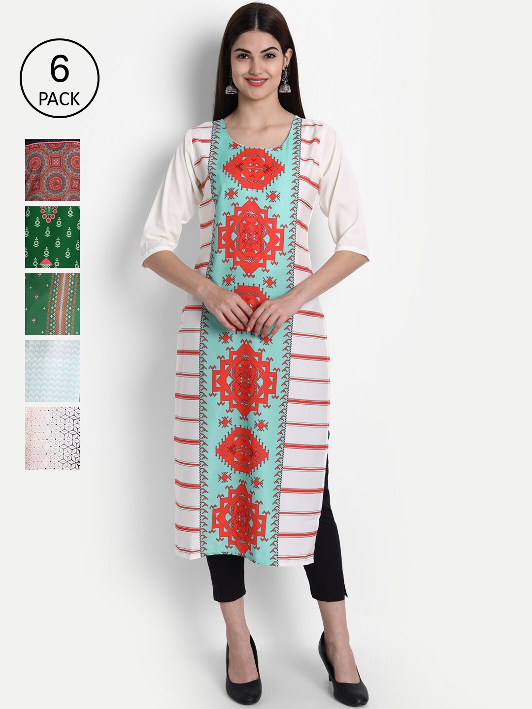Ethnic basket Women Pack of 6 Digital Printed Straight Kurtas, White