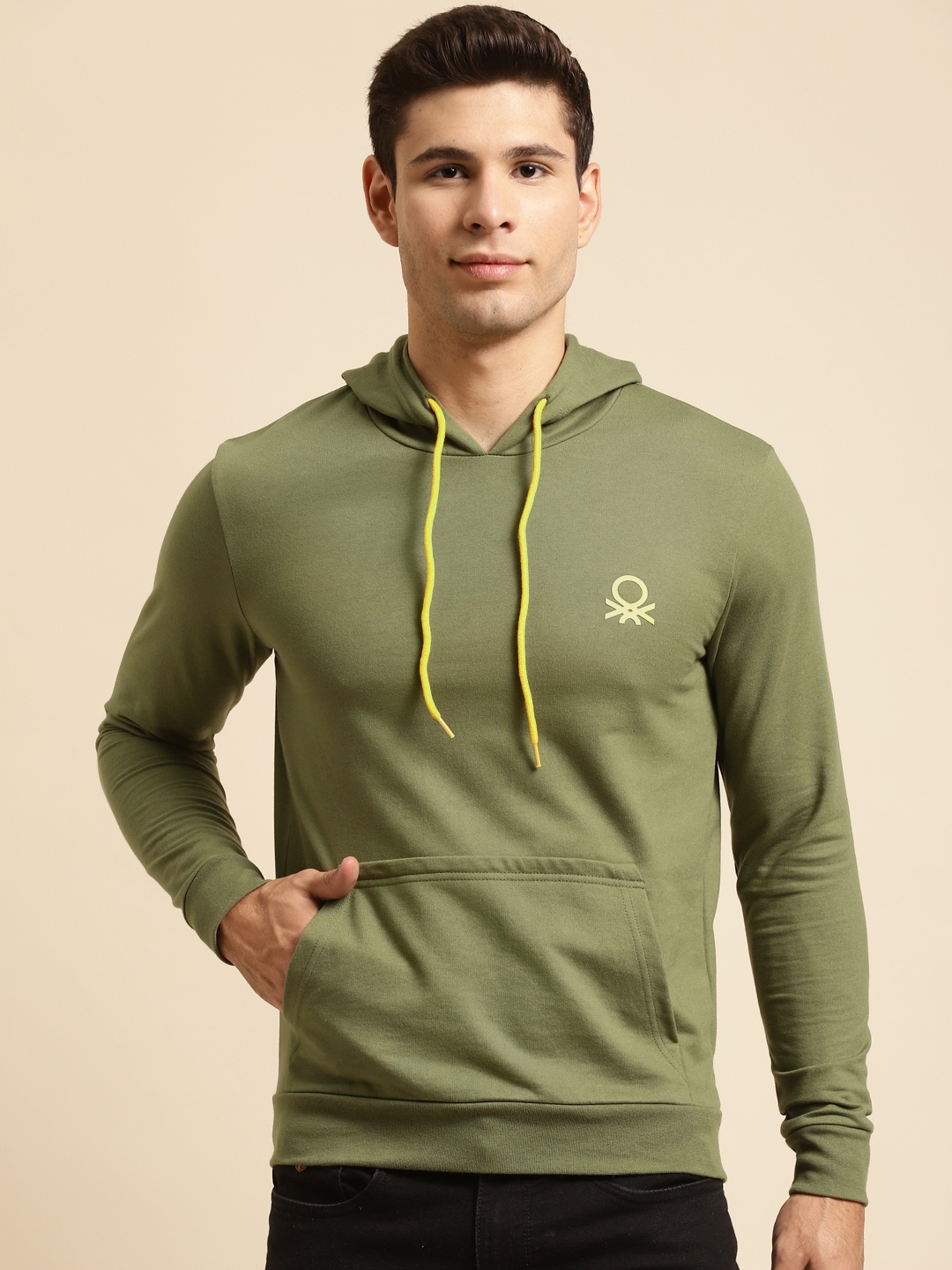 United Colors of Benetton Men Olive Green Solid Hooded Sweatshirt