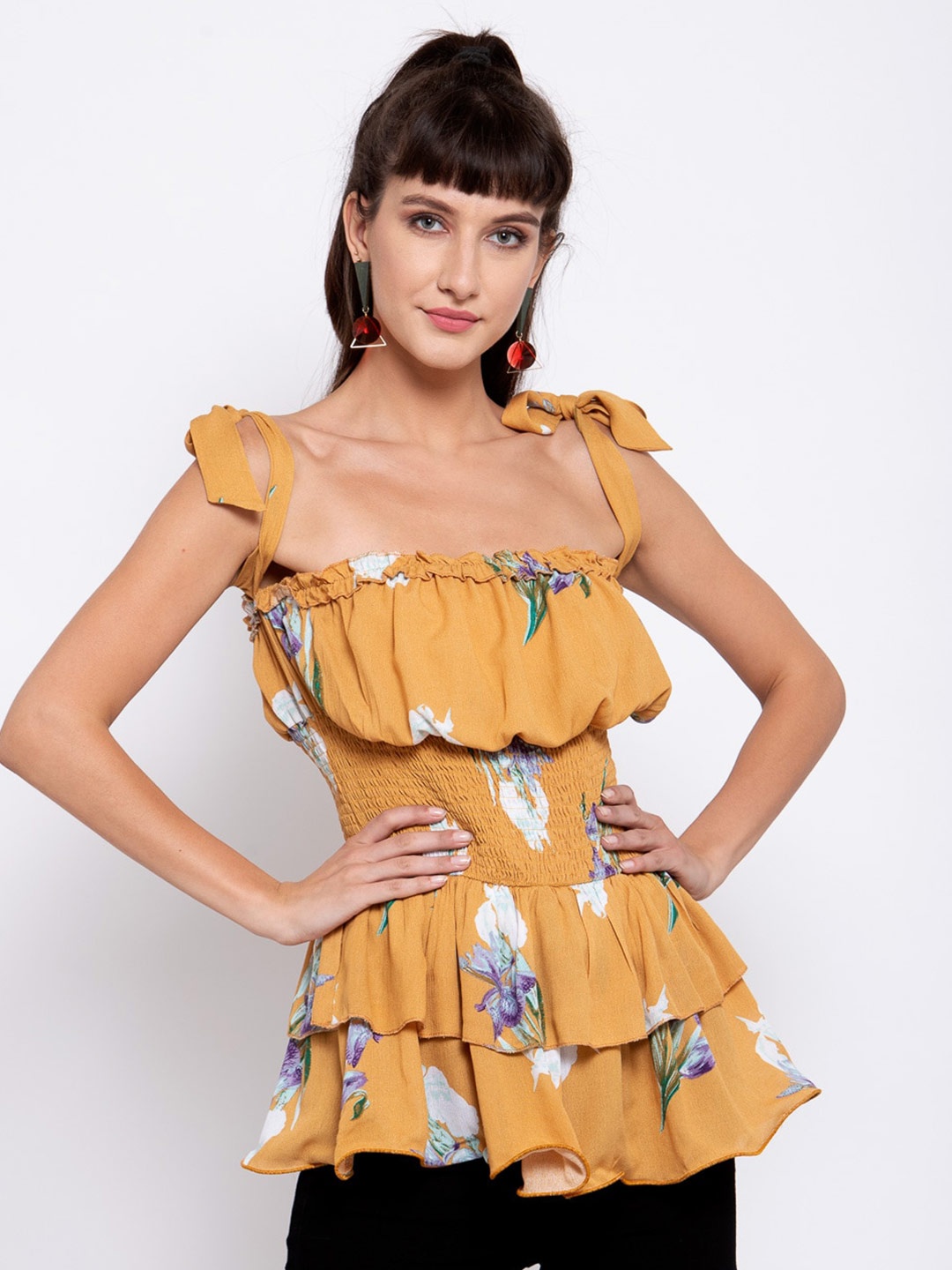 iki chic Yellow & White Floral Georgette Peplum Top