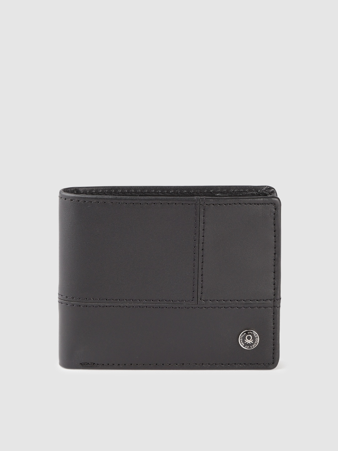 United Colors of Benetton Men Black Solid Leather Two Fold Wallet