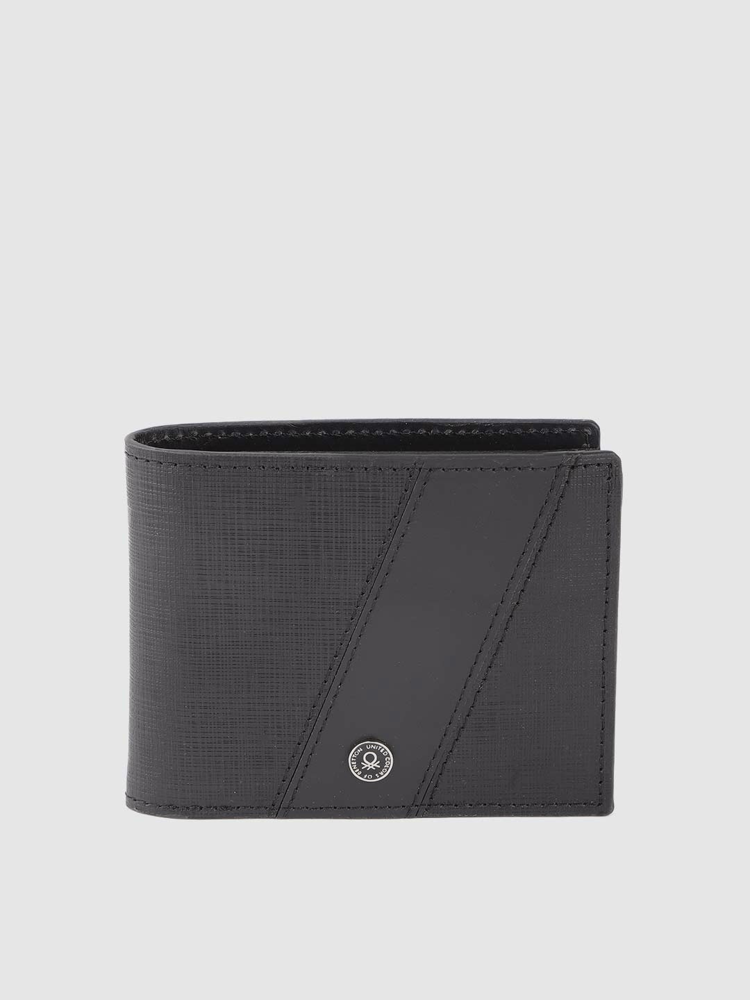 United Colors of Benetton Men Black Textured Leather Two Fold Wallet