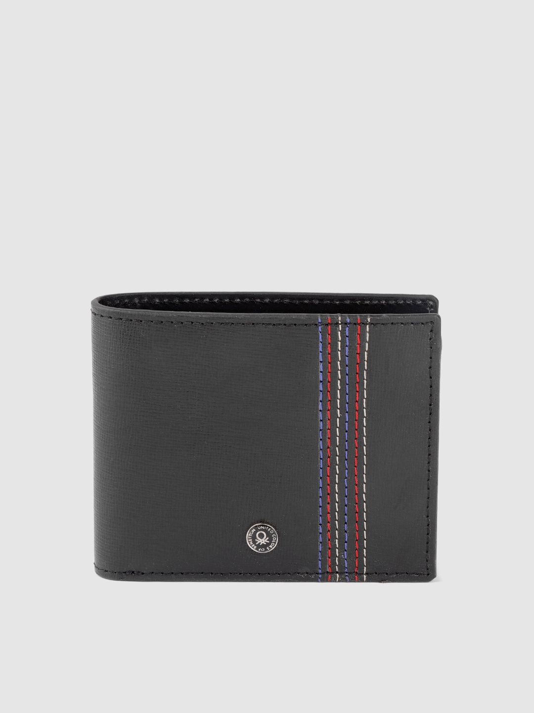 United Colors of Benetton Men Black Textured Leather Two Fold Wallet