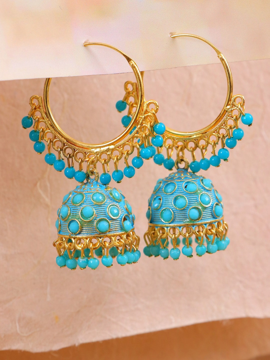 Crunchy Fashion Gold-Plated Turquoise Blue Stone-Studded & Beaded Hoop Jhumkas Earrings
Crunchy Fashion Gold-Plated Turquoise Blue Stone-Studded & Beaded Hoop Jhumkas Earrings