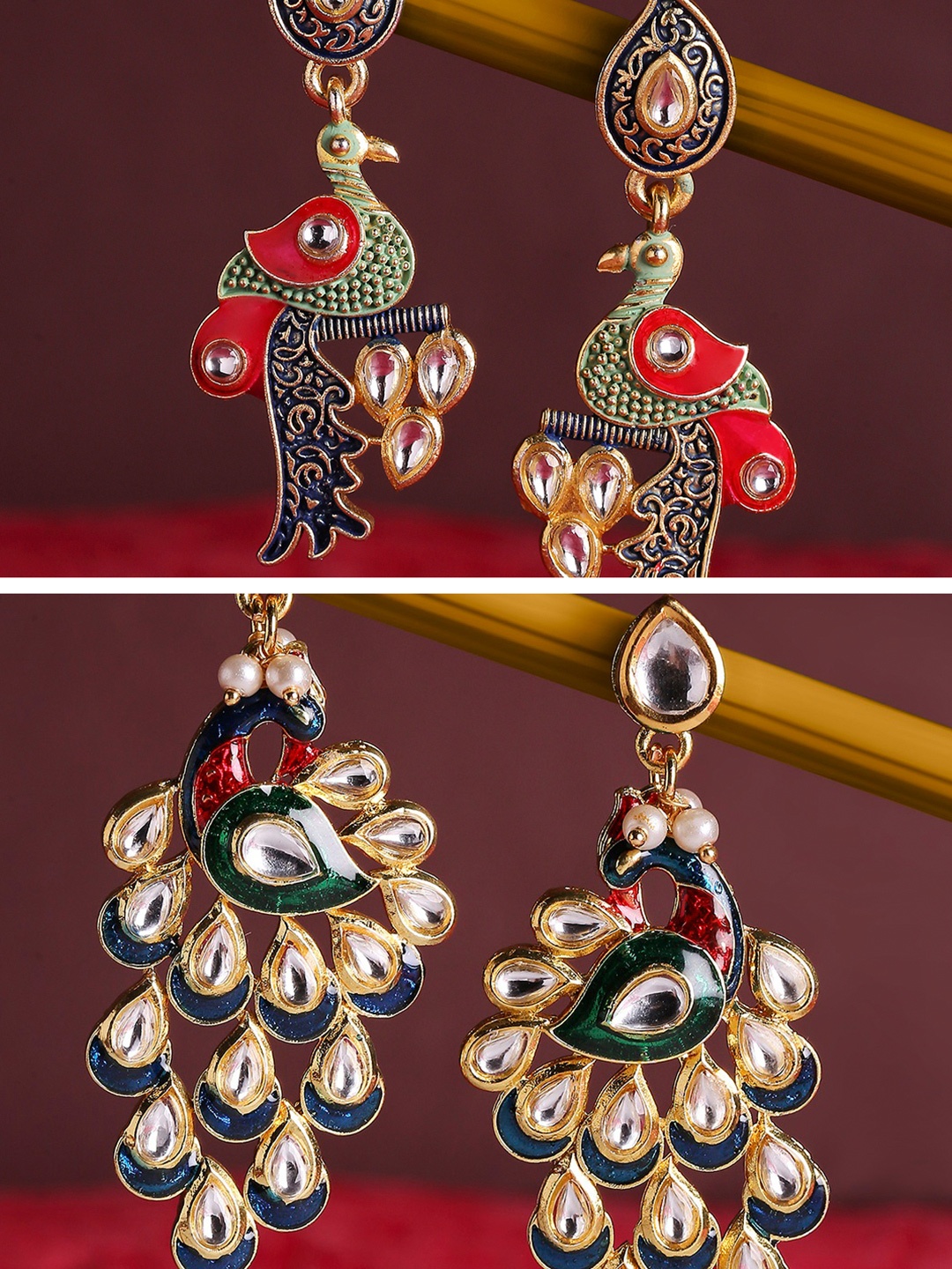 OOMPH Green Set Of 2 Meenakari Enamel With Kundan Peacock Design Ethnic Drop Earrings
OOMPH Green Set Of 2 Meenakari Enamel With Kundan Peacock Design Ethnic Drop Earrings
