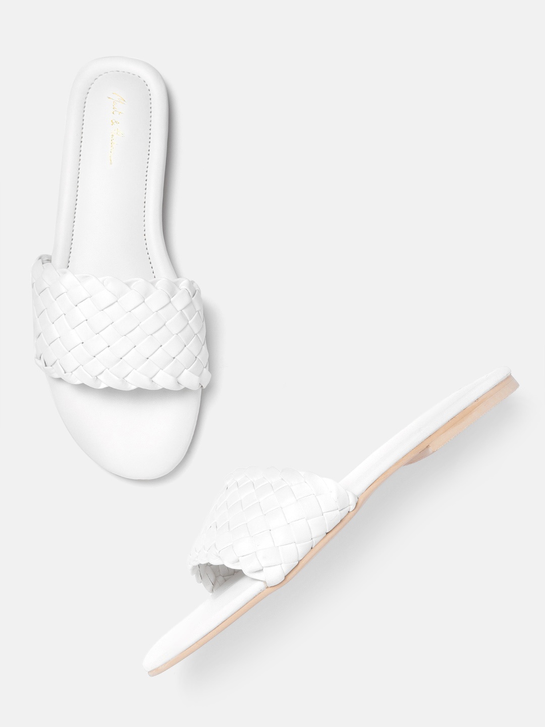 Mast & Harbour Women White Basket Woven Design Open Toe Flats