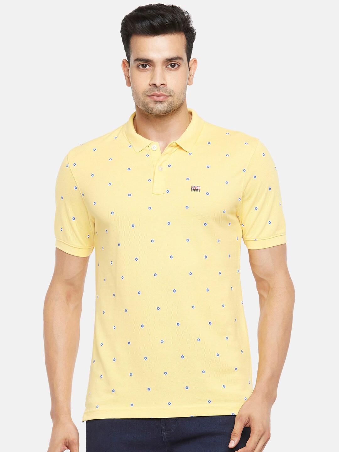 BYFORD by Pantaloons Men Yellow & Blue Printed Polo Collar Slim Fit Pure Cotton T-shirt
BYFORD by Pantaloons Men Yellow & Blue Printed Polo Collar Slim Fit Pure Cotton T-shirt