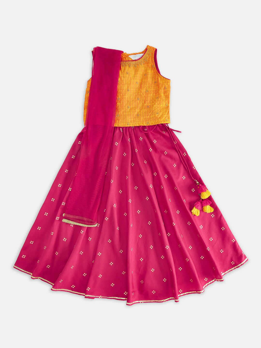 AKKRITI BY PANTALOONS Girls Mustard & Pink Embroidered Ready to Wear Lehenga & Blouse With Dupatta
AKKRITI BY PANTALOONS Girls Mustard & Pink Embroidered Ready to Wear Lehenga & Blouse With Dupatta