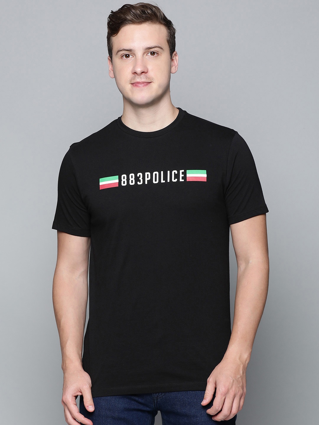 883 Police Men Black Cotton Typography Printed T-shirt