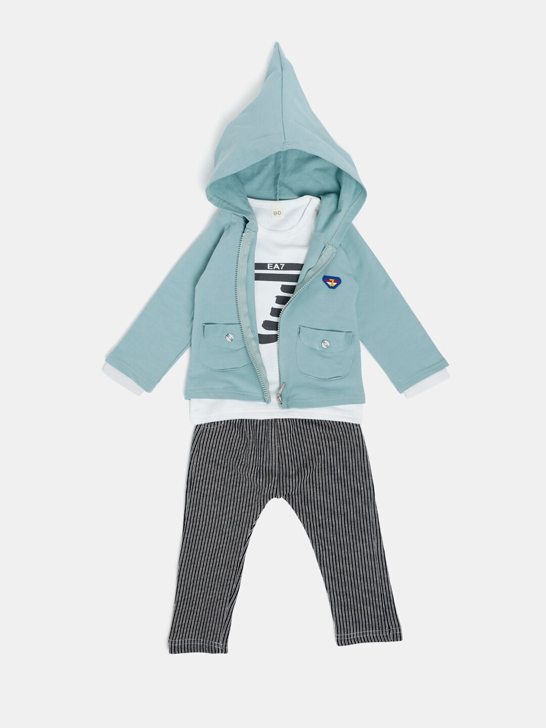 Hopscotch Boys Green T-Shirt Hoodie And Pant Set