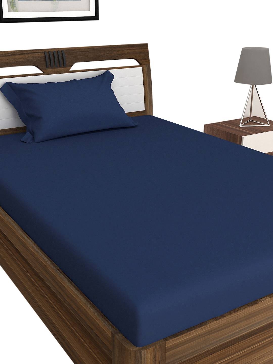 Home Centre Navy Blue 124 TC Single Bedsheet with 1 Pillow Covers
