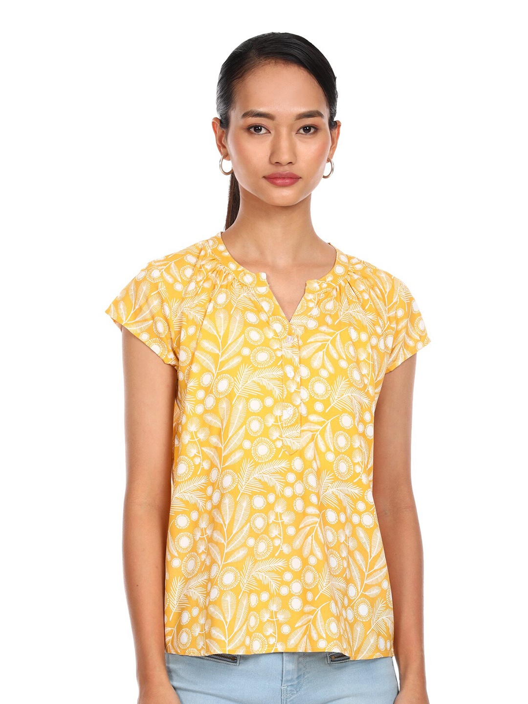 Cherokee Yellow Floral Mandarin Collar Regular Top