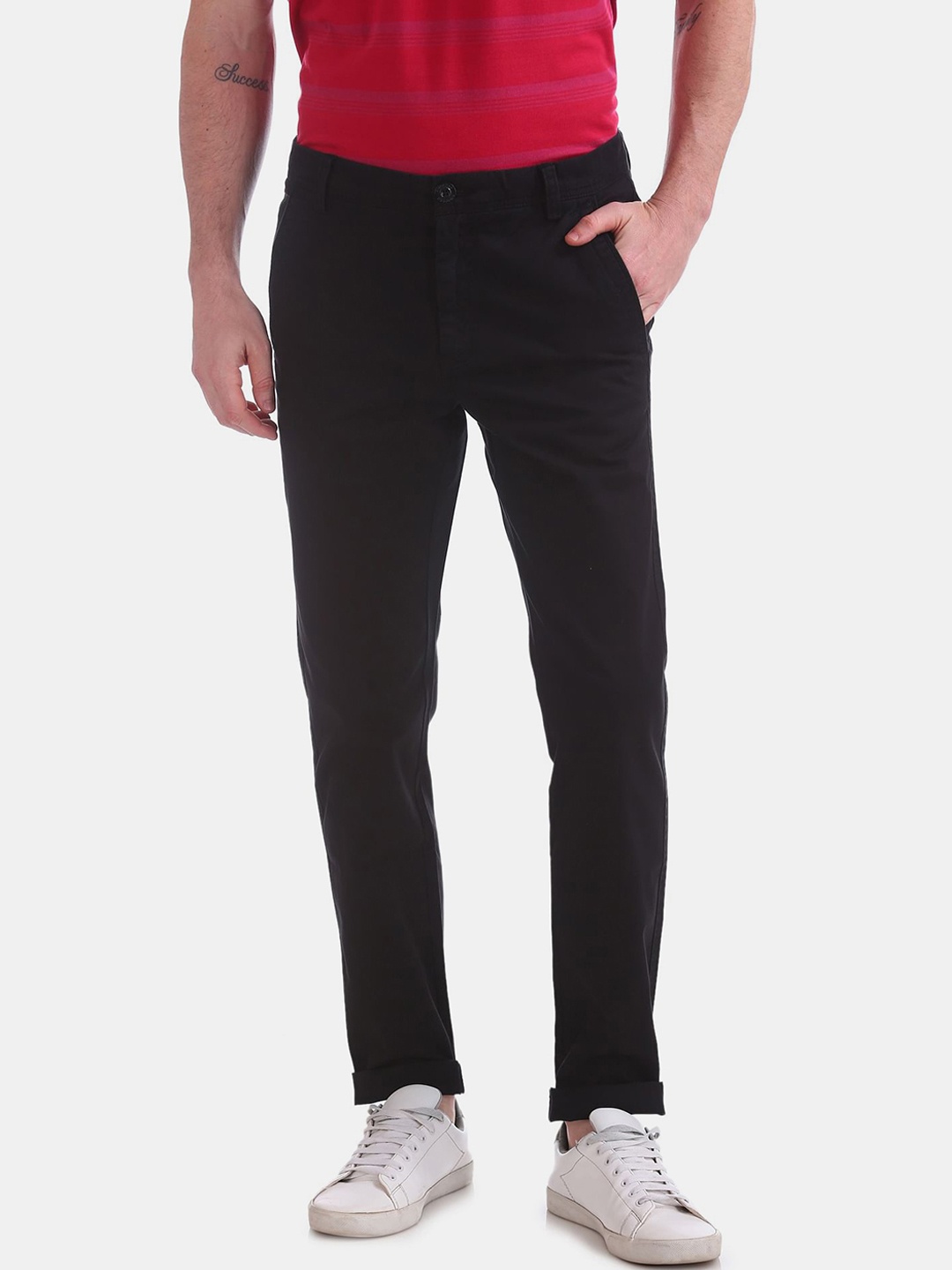 Ruggers Men Black Slim Fit Solid Cotton Chinos