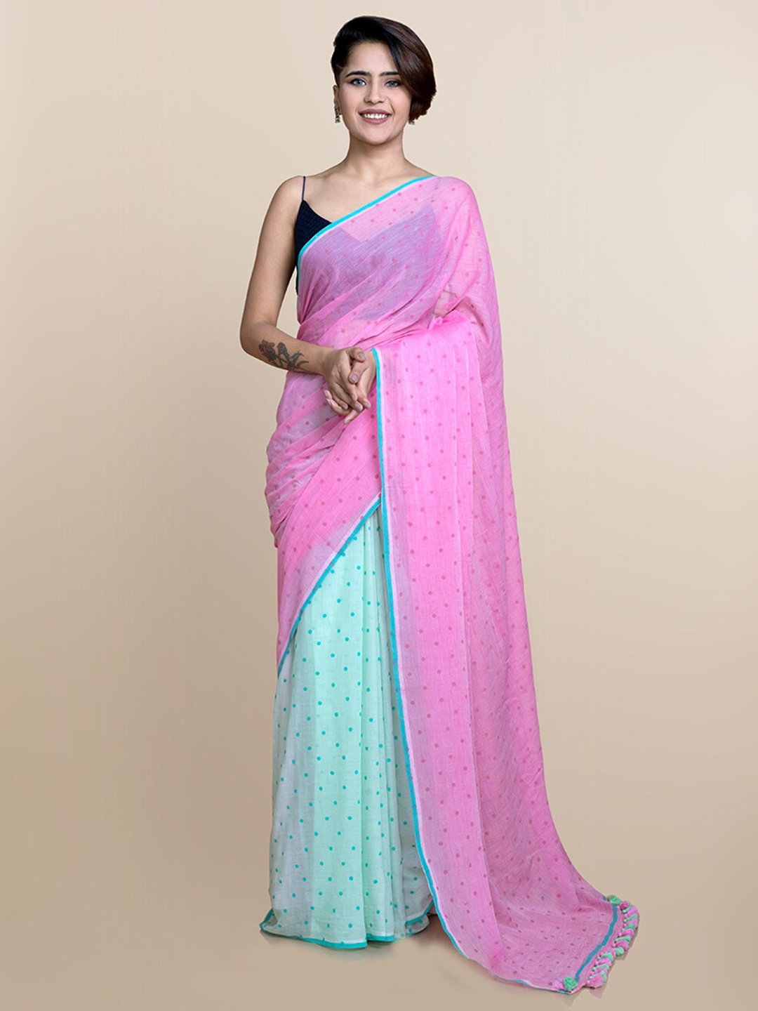 Suta Pink Blue Polka Dots Printed Pure Cotton Saree