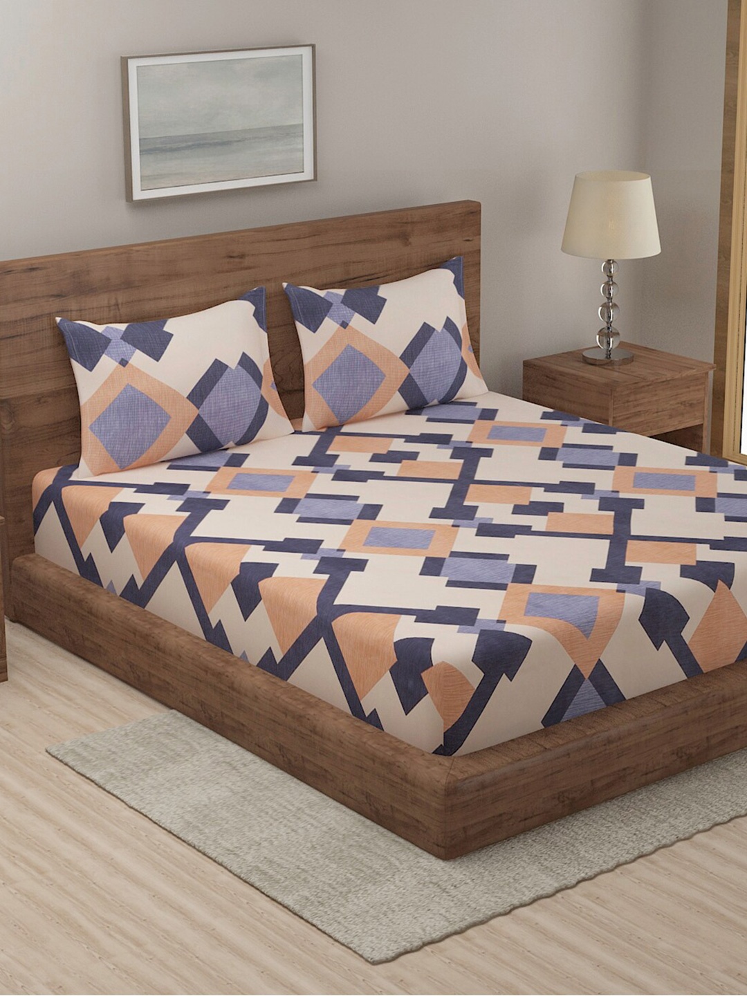 TAG 7 Peach-Coloured & Navy Blue Geometric 210 TC 2 King Bedsheet with 4 Pillow Covers
TAG 7 Peach-Coloured & Navy Blue Geometric 210 TC 2 King Bedsheet with 4 Pillow Covers