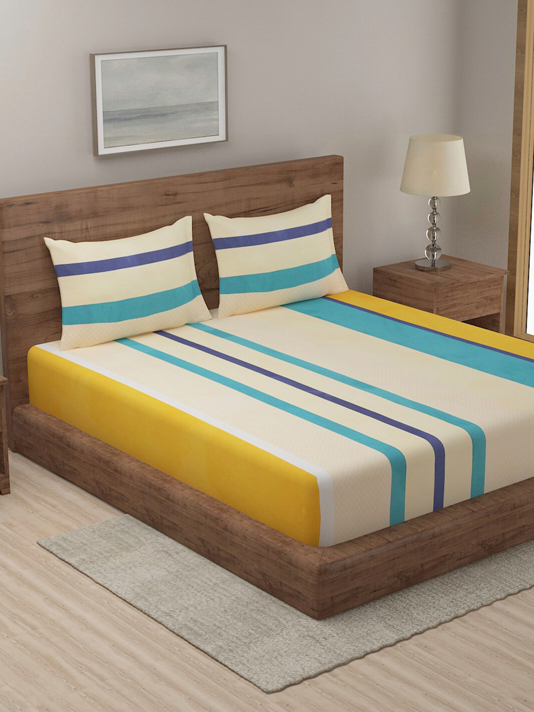 TAG 7 Beige & Blue Striped Cotton 210 TC 2 King Bedsheet with 4 Pillow Covers
TAG 7 Beige & Blue Striped Cotton 210 TC 2 King Bedsheet with 4 Pillow Covers