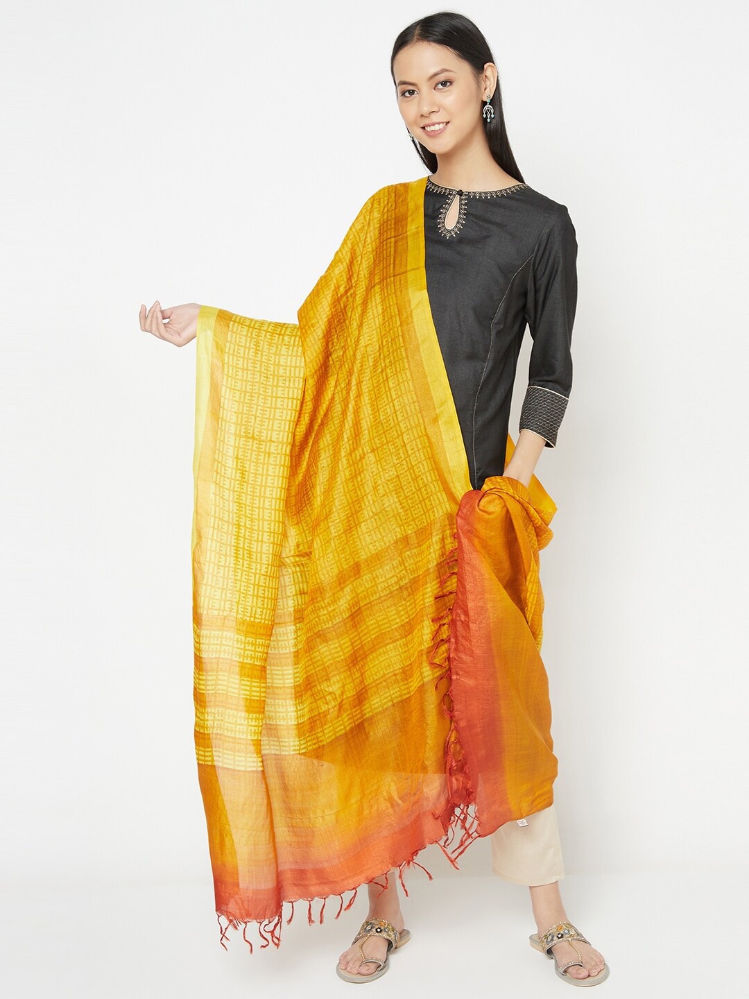 Fabindia Rust & Yellow Striped Pure Silk Dupatta