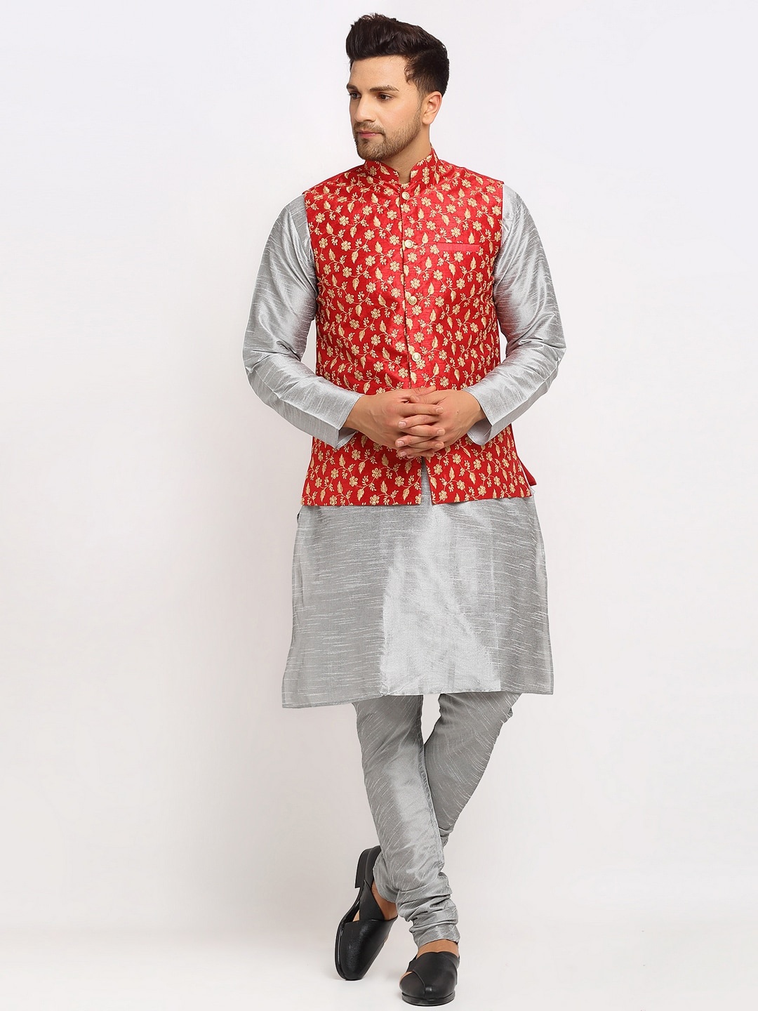 KRAFT INDIA Men Silver-Toned Dupion Silk Kurta with Churidar & Embroidered Nehru Jacket
KRAFT INDIA Men Silver-Toned Dupion Silk Kurta with Churidar & Embroidered Nehru Jacket
