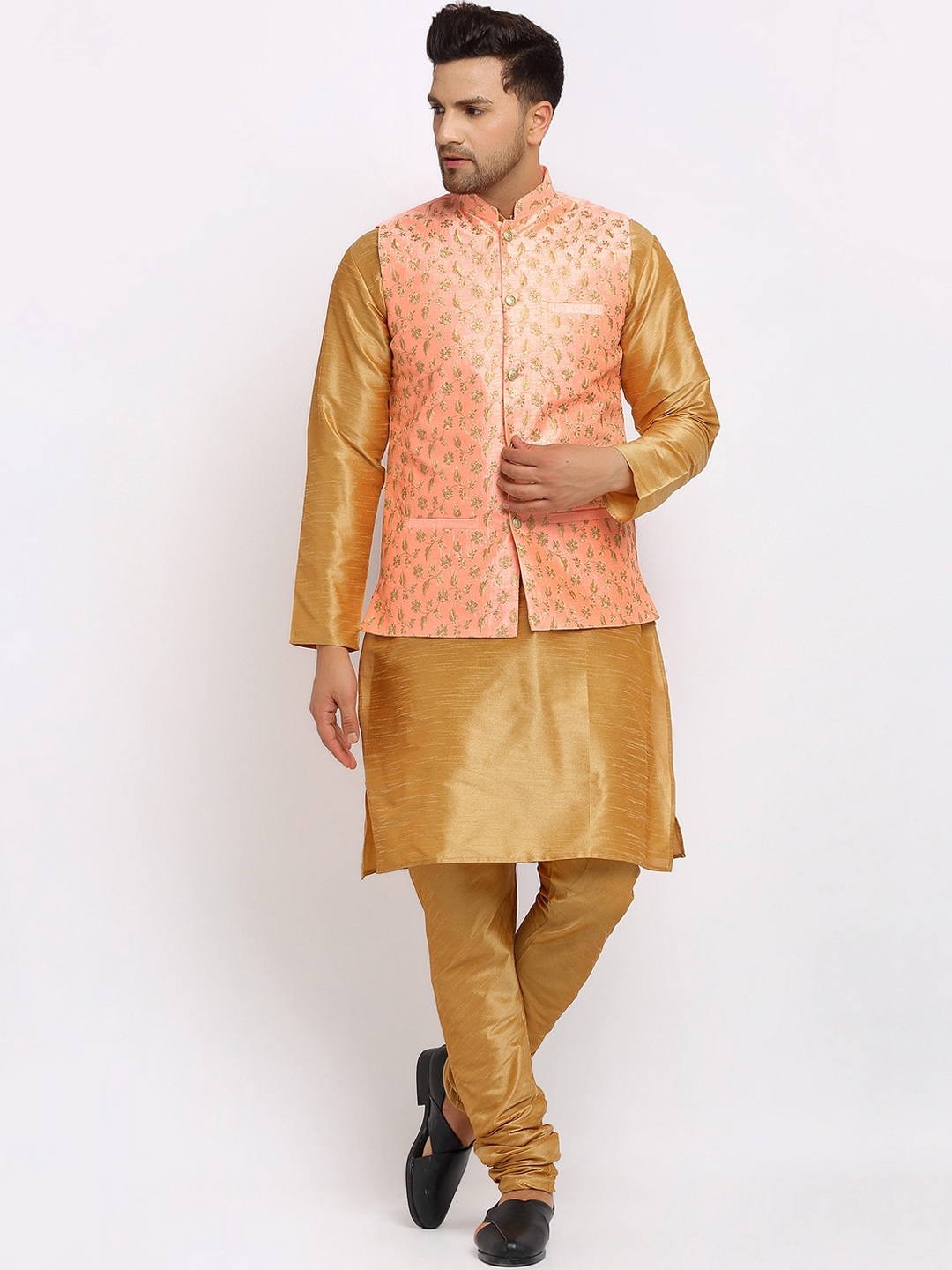 KRAFT INDIA Men Gold-Toned Dupion Silk Kurta with Churidar & Embroidered Nehru Jacket
KRAFT INDIA Men Gold-Toned Dupion Silk Kurta with Churidar & Embroidered Nehru Jacket