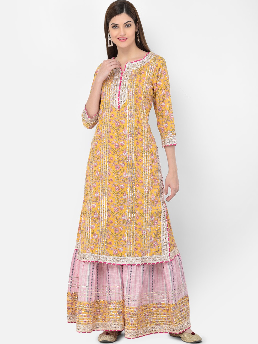 Neerus Women Mustard Yellow & Pink Floral Printed Pure Cotton Kurta With Sharara & Dupatta
Neerus Women Mustard Yellow & Pink Floral Printed Pure Cotton Kurta With Sharara & Dupatta