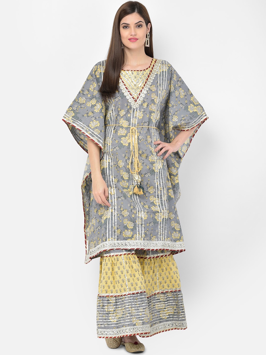 Neerus Women Grey & Yellow Floral Printed Regular Pure Cotton Kaftan Kurta With Sharara
Neerus Women Grey & Yellow Floral Printed Regular Pure Cotton Kaftan Kurta With Sharara