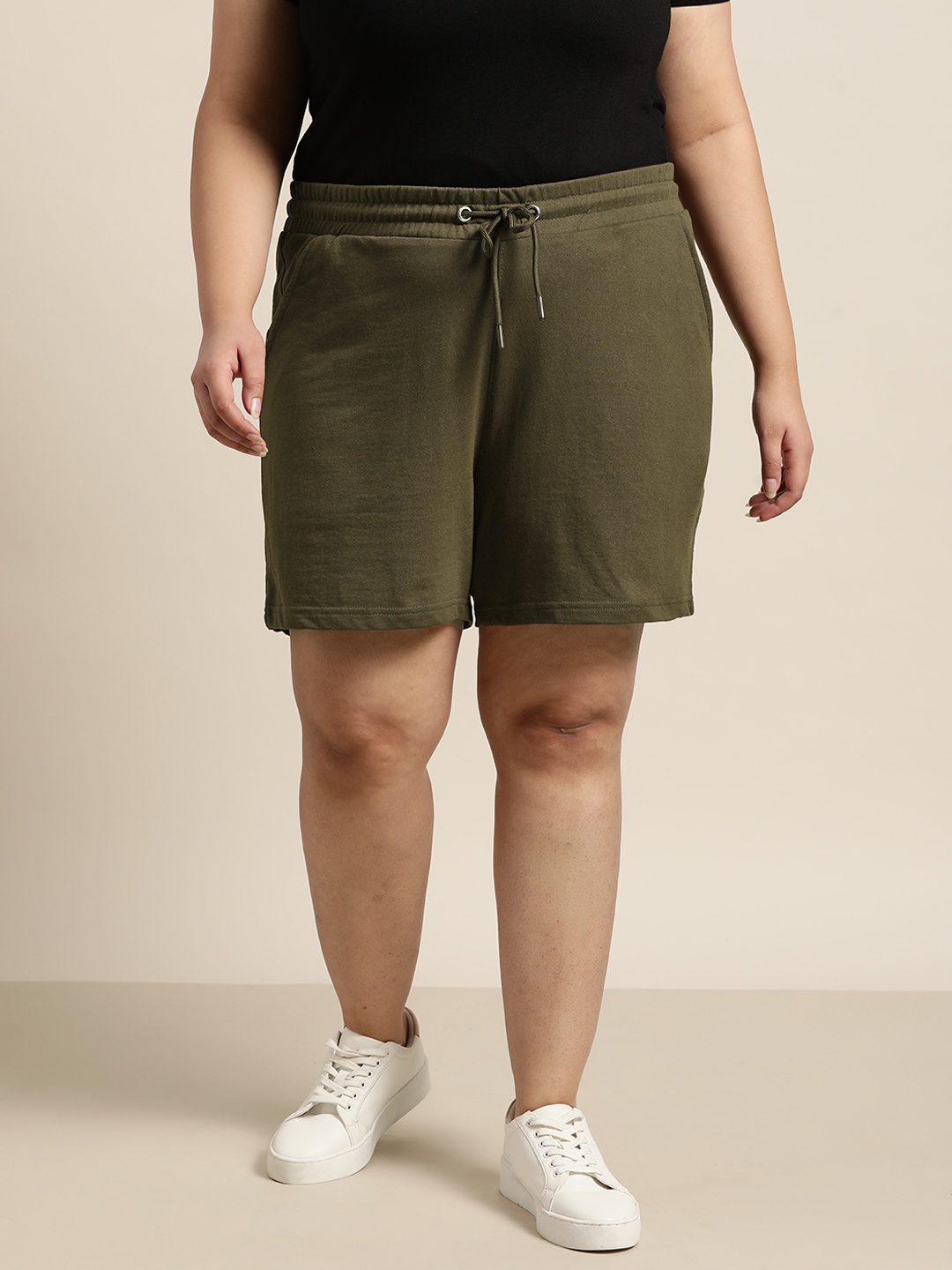 Sztori Women Plus Size Olive Green Solid Shorts