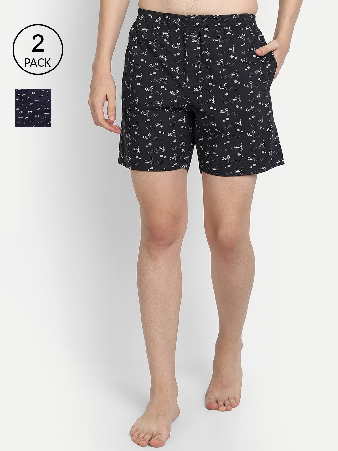 BE AWARA Men Pack Of 2 Printed Pure Cotton Boxers, Black